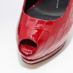Pre Owned Giuseppe Zanotti Red Croc Embossed Patent Leather Peep Toe Platform Pumps Size 37
