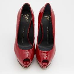 Pre Owned Giuseppe Zanotti Red Croc Embossed Patent Leather Peep Toe Platform Pumps Size 37