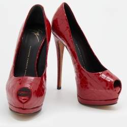 Pre Owned Giuseppe Zanotti Red Croc Embossed Patent Leather Peep Toe Platform Pumps Size 37