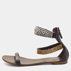 Giuseppe Zanotti Dark Brown Leather Embellished Ankle Strap Flats Size 38