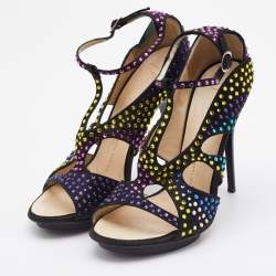 Giuseppe Zanotti Black Satin Crystal Embellished Strappy Sandals Size 38