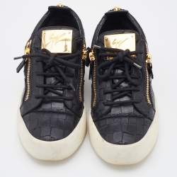 Pre Owned Giuseppe Zanotti Black Croc Embossed Leather Double Zipper Low Top Sneakers Size 40