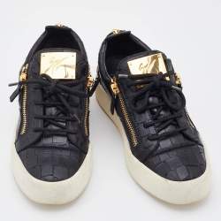 Pre Owned Giuseppe Zanotti Black Croc Embossed Leather Double Zipper Low Top Sneakers Size 40