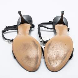 Pre Owned Giuseppe Zanotti Black Leather Crystal Embellished T-Strap Sandals Size 37.5