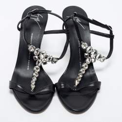 Pre Owned Giuseppe Zanotti Black Leather Crystal Embellished T-Strap Sandals Size 37.5