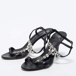 Pre Owned Giuseppe Zanotti Black Leather Crystal Embellished T-Strap Sandals Size 37.5