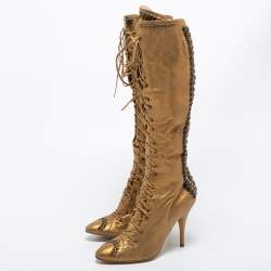Pre Owned Giuseppe Zanotti Gold Leather Knee Length Boots Size 39.5