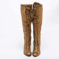 Pre Owned Giuseppe Zanotti Gold Leather Knee Length Boots Size 39.5