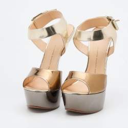 Pre Owned Giuseppe Zanotti Gold Leather Heelless Platform Ankle Strap Sandals Size 39