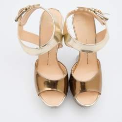 Pre Owned Giuseppe Zanotti Gold Leather Heelless Platform Ankle Strap Sandals Size 39