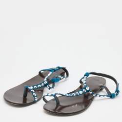 Pre Owned Giuseppe Zanotti Blue Suede Crystal Embellished Thong Flats Size 40.5