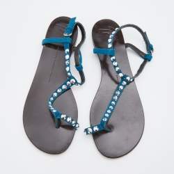 Pre Owned Giuseppe Zanotti Blue Suede Crystal Embellished Thong Flats Size 40.5