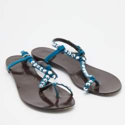 Pre Owned Giuseppe Zanotti Blue Suede Crystal Embellished Thong Flats Size 40.5