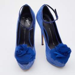 Giuseppe Zanotti Blue Suede Flower Applique Peep Toe Platform Ankle Strap Pumps Size 37