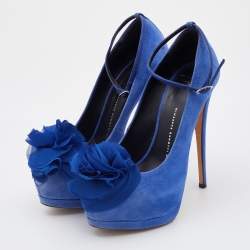 Giuseppe Zanotti Blue Suede Flower Applique Peep Toe Platform Ankle Strap Pumps Size 37