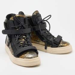 Giuseppe Zanotti Gold/Black Python Embossed Leather Coby High Top Sneakers Size 37