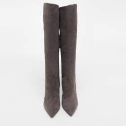 Pre Owned Giuseppe Zanotti Grey Suede Pointed Toe Knee Length Boots Size 38.5