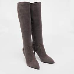 Pre Owned Giuseppe Zanotti Grey Suede Pointed Toe Knee Length Boots Size 38.5