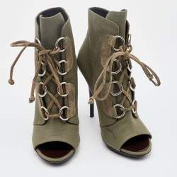 Pre Owned Giuseppe Zanotti Olive Green Canvas and Suede Lace Up Booties Size 37