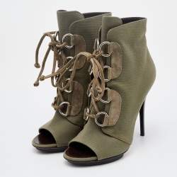 Pre Owned Giuseppe Zanotti Olive Green Canvas and Suede Lace Up Booties Size 37