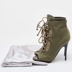 Pre Owned Giuseppe Zanotti Olive Green Canvas and Suede Lace Up Booties Size 37
