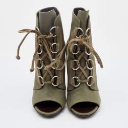 Pre Owned Giuseppe Zanotti Olive Green Canvas and Suede Lace Up Booties Size 37