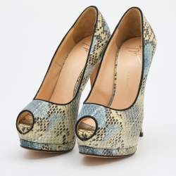 Pre Owned Giuseppe Zanotti Multicolor Python Embossed Leather Peep Toe Platform Pumps Size 35