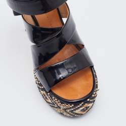 Pre Owned Giuseppe Zanotti Black Patent Leather Woven Platform Ankle Strap Sandals Size 37