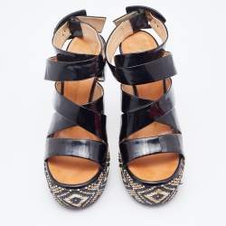 Pre Owned Giuseppe Zanotti Black Patent Leather Woven Platform Ankle Strap Sandals Size 37
