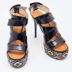 Pre Owned Giuseppe Zanotti Black Patent Leather Woven Platform Ankle Strap Sandals Size 37