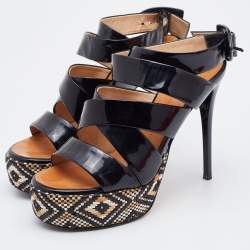 Pre Owned Giuseppe Zanotti Black Patent Leather Woven Platform Ankle Strap Sandals Size 37