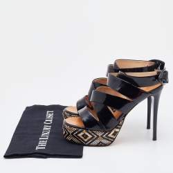 Pre Owned Giuseppe Zanotti Black Patent Leather Woven Platform Ankle Strap Sandals Size 37