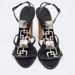 Giuseppe Zanotti Black Patent Leather Block Heel Ankle Strap Sandals Size 37