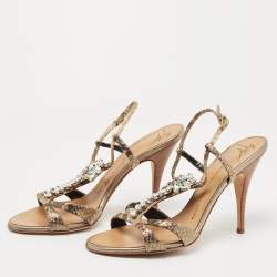 مملوكة مسبقًا Giuseppe Zanotti Gold Textured Suede Crystal Embellished Ankle Strap Sandals Size 39