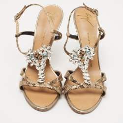 مملوكة مسبقًا Giuseppe Zanotti Gold Textured Suede Crystal Embellished Ankle Strap Sandals Size 39