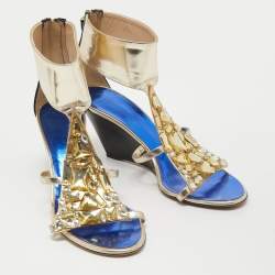 Pre Owned Giuseppe Zanotti Black/Gold Patent and Leather Crystal Embellished Wedge Sandals Size 40