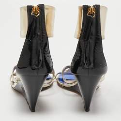 Pre Owned Giuseppe Zanotti Black/Gold Patent and Leather Crystal Embellished Wedge Sandals Size 40