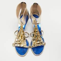 Pre Owned Giuseppe Zanotti Black/Gold Patent and Leather Crystal Embellished Wedge Sandals Size 40