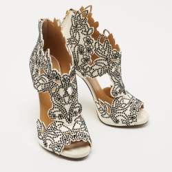 Pre Owned Giuseppe Zanotti White/Black La Perla Cut Out Detail Crystal Embellished Booties Size 36