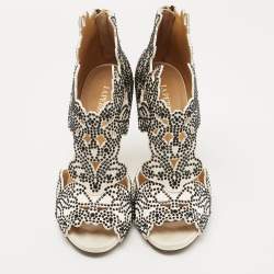 Pre Owned Giuseppe Zanotti White/Black La Perla Cut Out Detail Crystal Embellished Booties Size 36