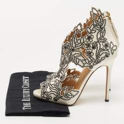 Pre Owned Giuseppe Zanotti White/Black La Perla Cut Out Detail Crystal Embellished Booties Size 36