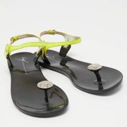 Pre Owned Giuseppe Zanotti Neon Yellow Patent Leather Crystal Embellished Toe Ring Ankle Strap Sandals Size 38