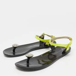Pre Owned Giuseppe Zanotti Neon Yellow Patent Leather Crystal Embellished Toe Ring Ankle Strap Sandals Size 38