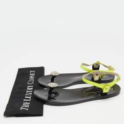 Pre Owned Giuseppe Zanotti Neon Yellow Patent Leather Crystal Embellished Toe Ring Ankle Strap Sandals Size 38