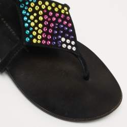 Pre Owned Giuseppe Zanotti Black Suede Crystal Embellished Thong Flat Sandals Size 36