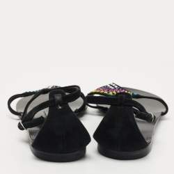 Pre Owned Giuseppe Zanotti Black Suede Crystal Embellished Thong Flat Sandals Size 36