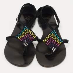 Pre Owned Giuseppe Zanotti Black Suede Crystal Embellished Thong Flat Sandals Size 36