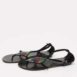 Pre Owned Giuseppe Zanotti Black Suede Crystal Embellished Thong Flat Sandals Size 36