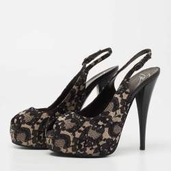 Giuseppe Zanotti Black/Grey Lace Platform Slingback Pumps Size 38