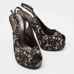 Giuseppe Zanotti Black/Grey Lace Platform Slingback Pumps Size 38